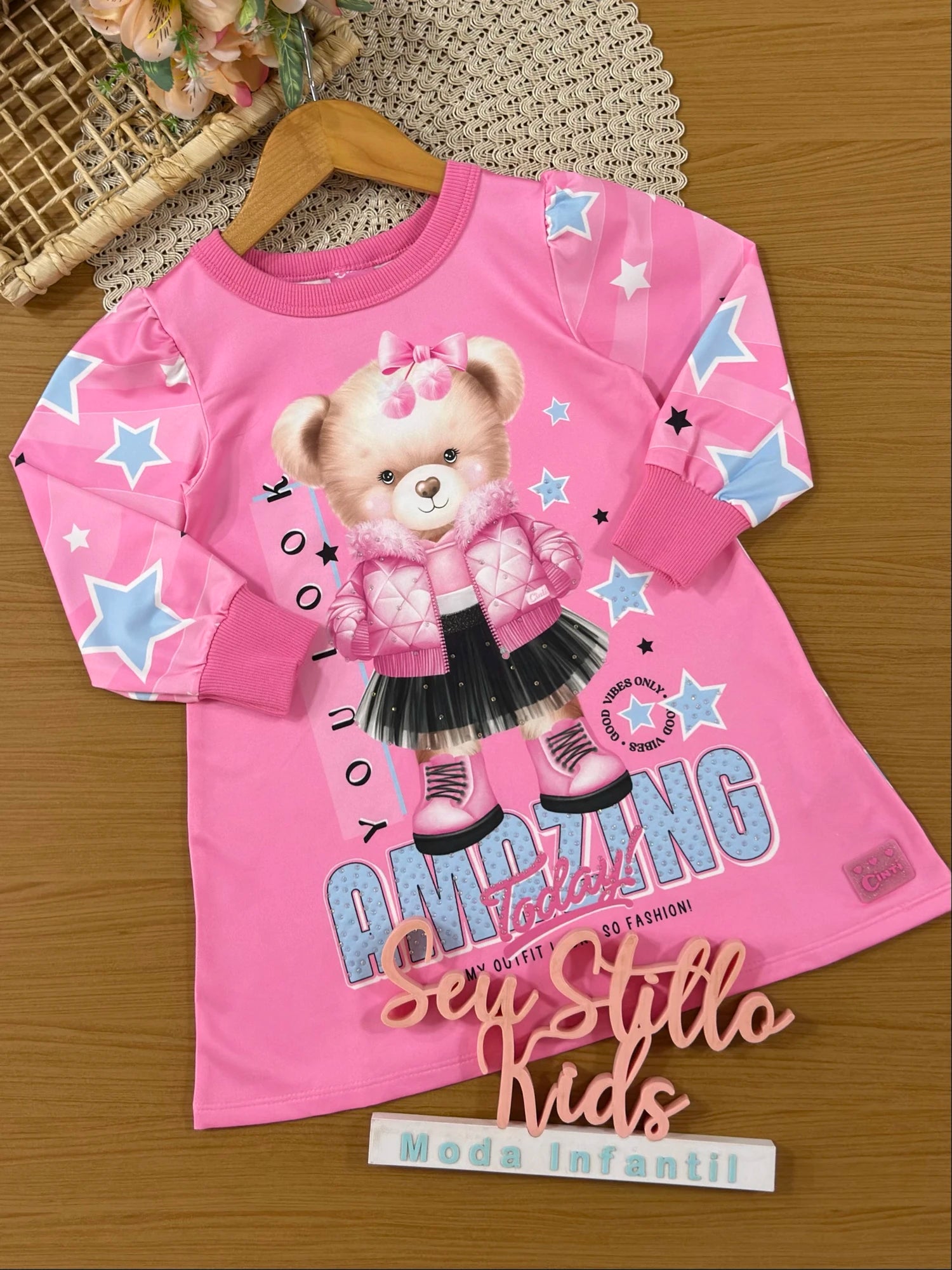 Vestido Infantil Cinti Inverno Térmico Rosa Ursinha Amazing