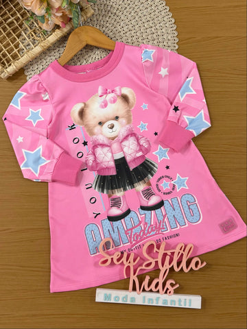 Vestido Infantil Cinti Inverno Térmico Rosa Ursinha Amazing