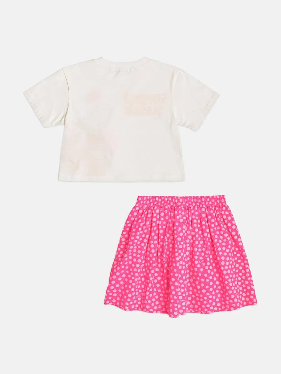 Conjunto Infantil Menina Bimbi com Saia Rosa e Blusa Branca Cestinha