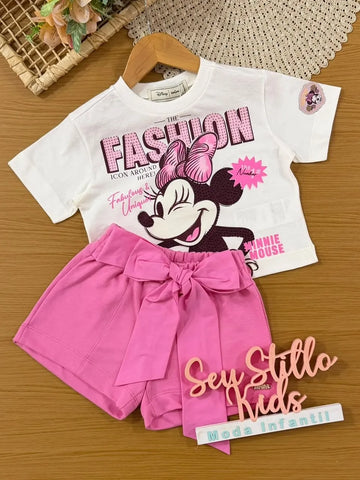Conjunto Infantil Menina Animê com Shorts Rosa Laço e Blusa Branca Minnie Strass Disney