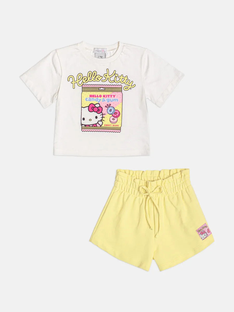 Conjunto Infantil Menina Momi Shorts Amarelo e Blusa Hello Kitty Candy & Gum