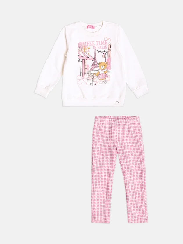Conjunto Infantil Momi Inverno com Calça Legging Rosa e Moletom sem Flanela Ursinha em Paris