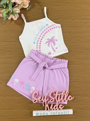 Conjunto Infantil Cinti Verão Shorts Lilás e Regata Coqueiro