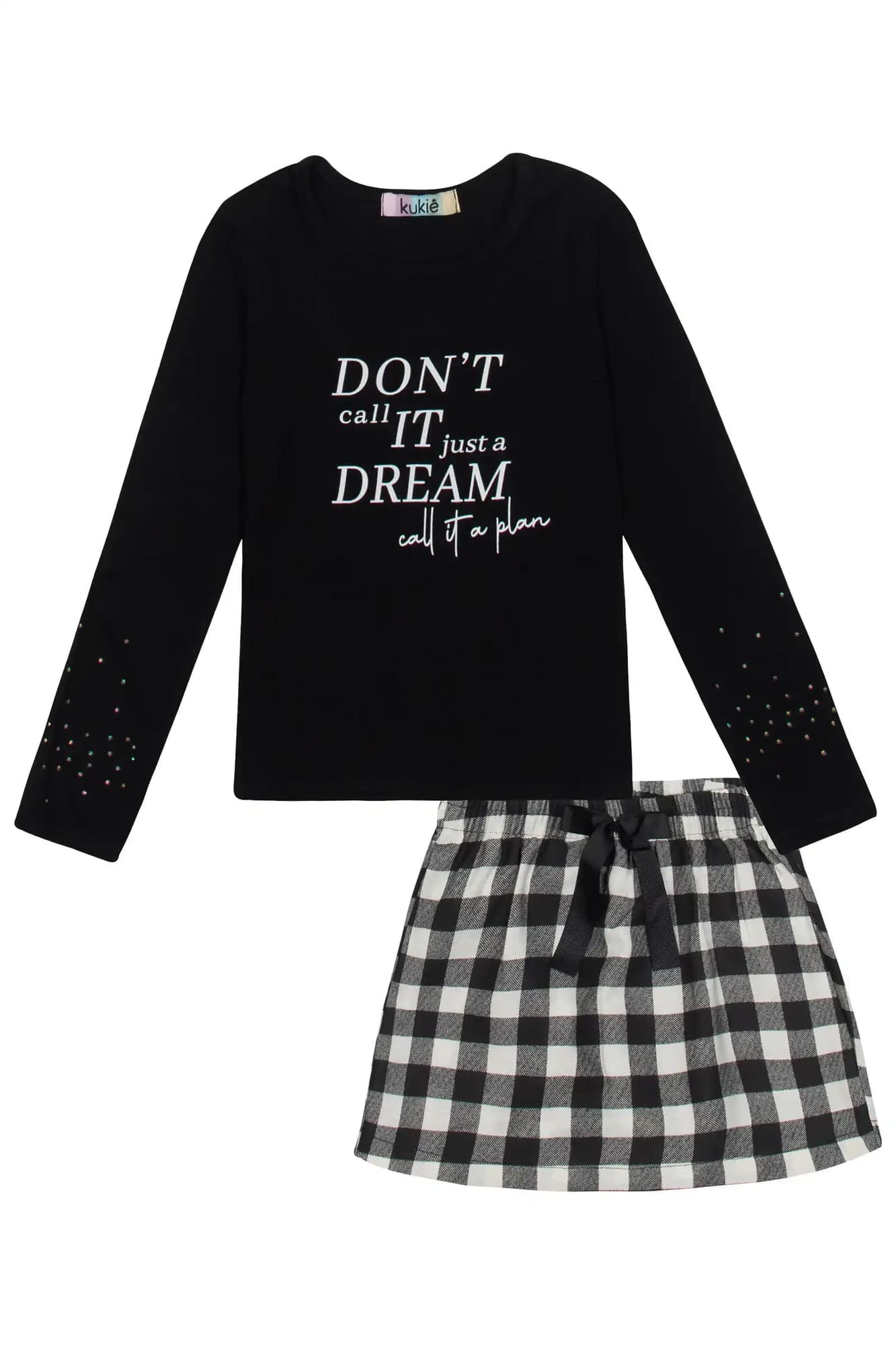 Conjunto Infantil Kukiê Inverno com  Shorts Saia Xadrez e Blusa Manga Longa Preta