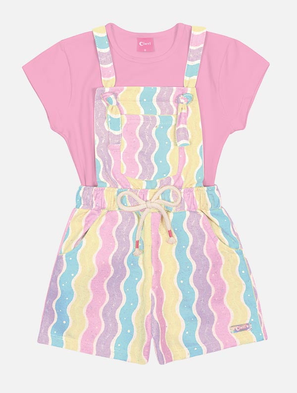Jardineira Infantil Cinti Verão Colorida e Blusa Rosa