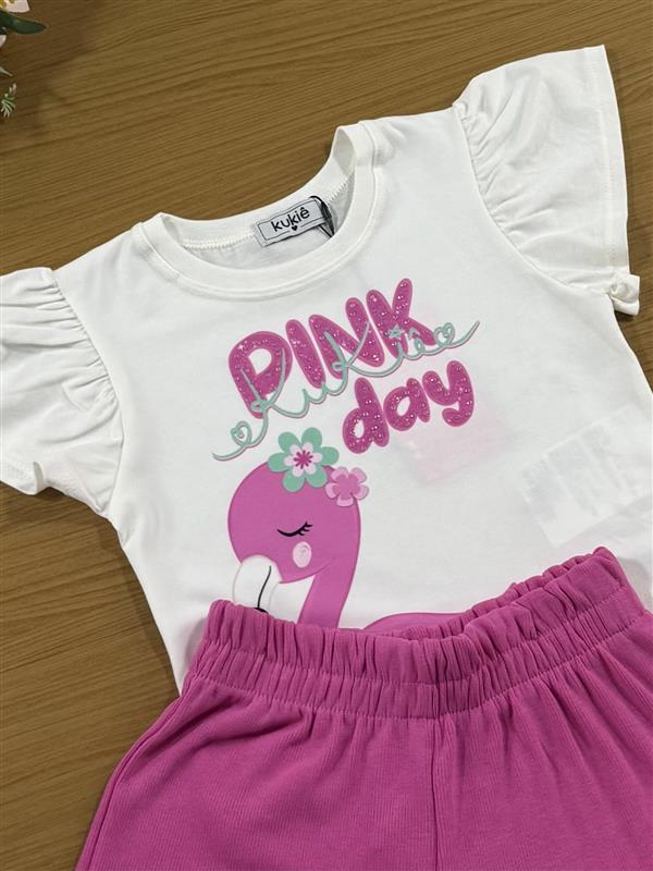 Conjunto Infantil Kukiê com Shorts Rosa e Blusa Manga Curta Flamingo com Strass