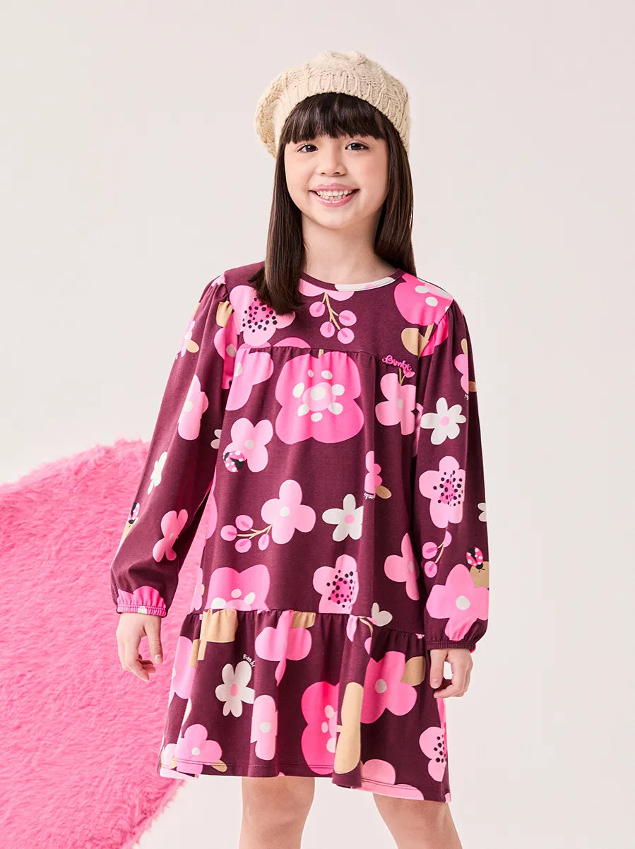 Vestido Infantil Bimbi Invero Vinho Flores