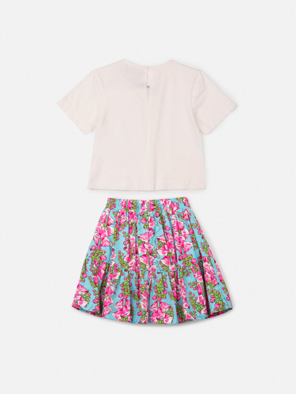 Conjunto Infantil Animê Verão Saia Azul Floral e Blusa Branca Lacinho