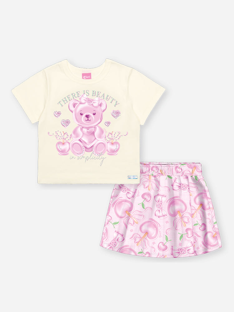 Conjunto Infantil Cinti Verão com Shorts Saia Rosa e Blusa Branca Ursinha Docinho