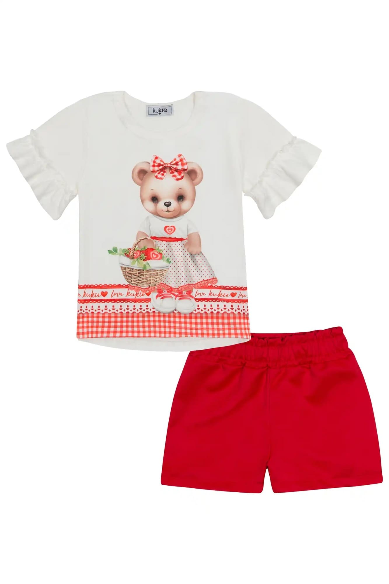 Conjunto Infantil Kukiê com Shorts Vermelha e Blusa Manga Curta Ursinha