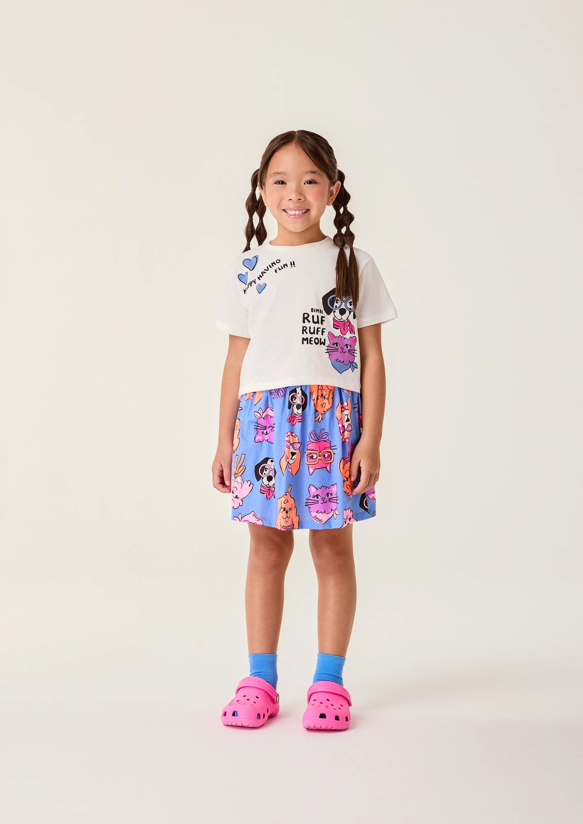 Conjunto Infantil Menina Bimbi com Saia Azul e Blusa Cachorrinha e Gatinha