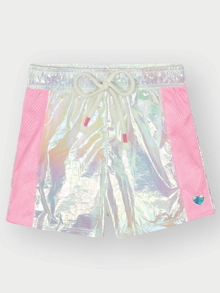 Conjunto Infantil Cinti Verão com Shorts Holográfico e Blusa Branca Frutinha