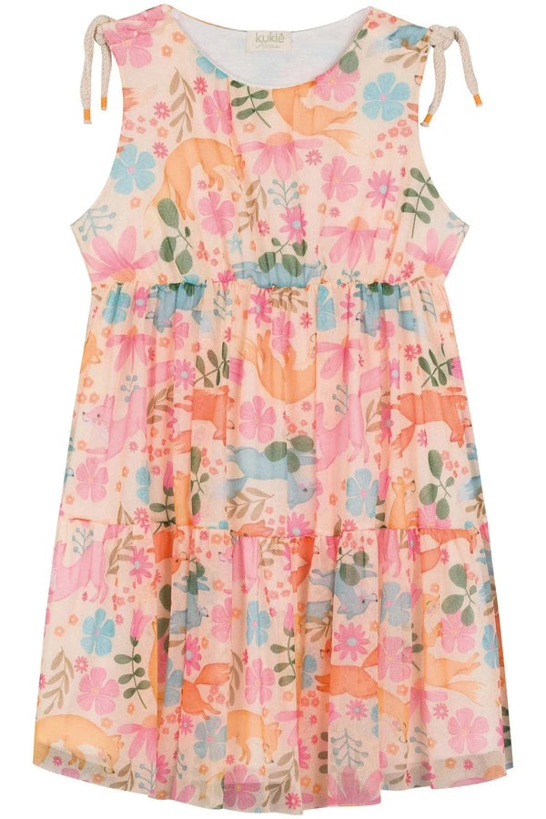 Vestido Infantil Kukiê Verão em Tule Laranja Raposas Floral