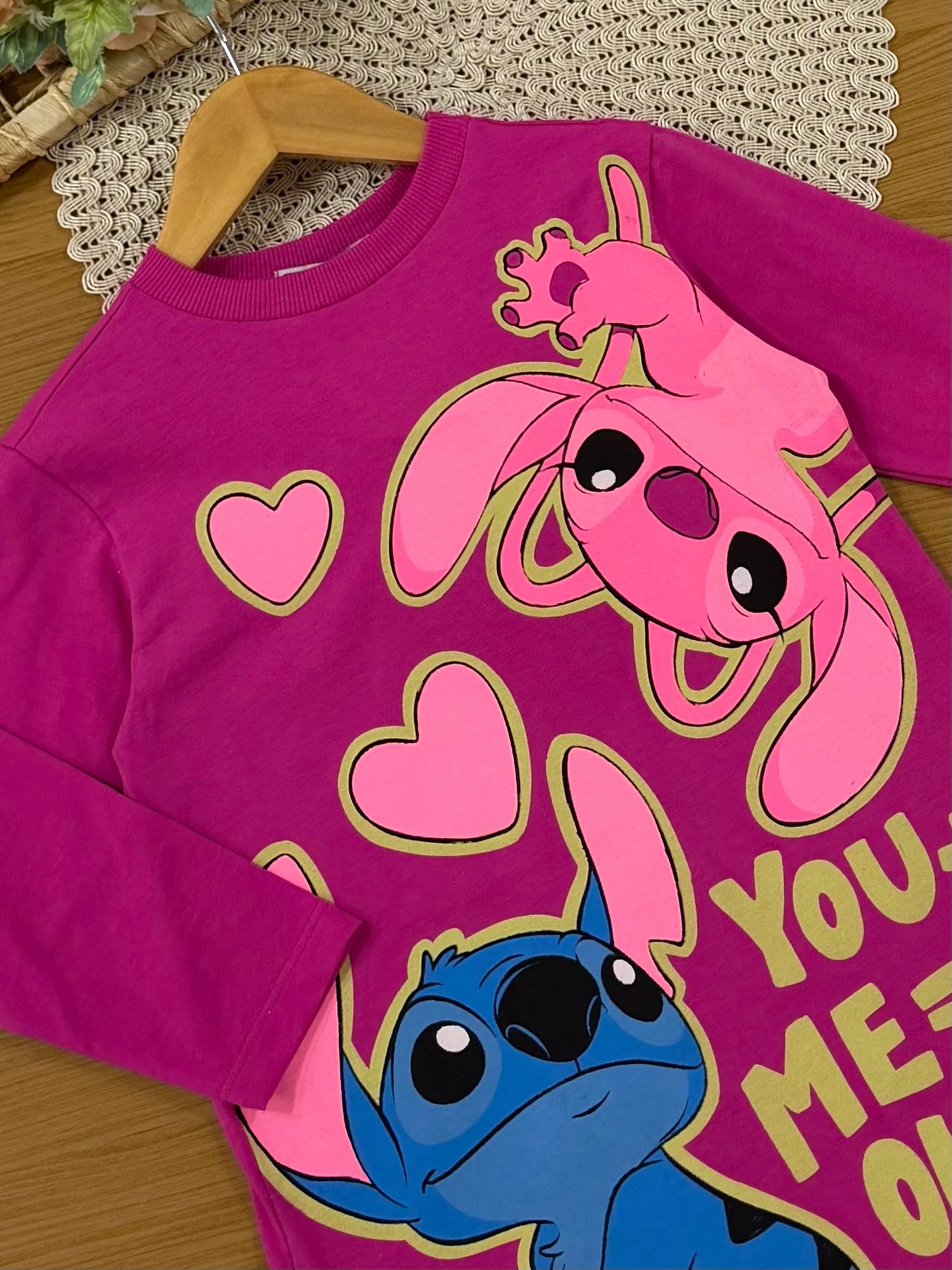Vesdido Infantil Bimbi Inverno Manga Longa Rosa Escuro Stitch e Angel Love