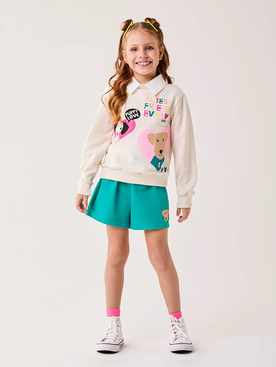 Conjunto Infantil Bimbi Inverno com Shorts Verde e Moletom Sem Flanela Bege Dog Love