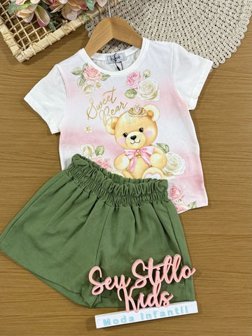 Conjunto Infantil Kukiê com Shorts Verde e Blusa Manga Curta Ursinho