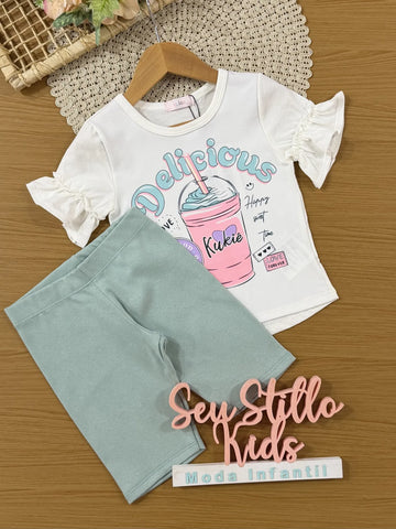 Conjunto Infantil Kukie Com Shorts Cliclista e Blusa Manga Curta Branca Sorvete