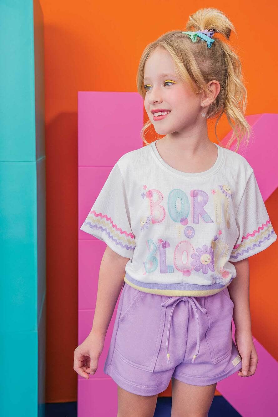 Conjunto Infantil Kukie Verão Shorts Lilás e Blusa Florescer