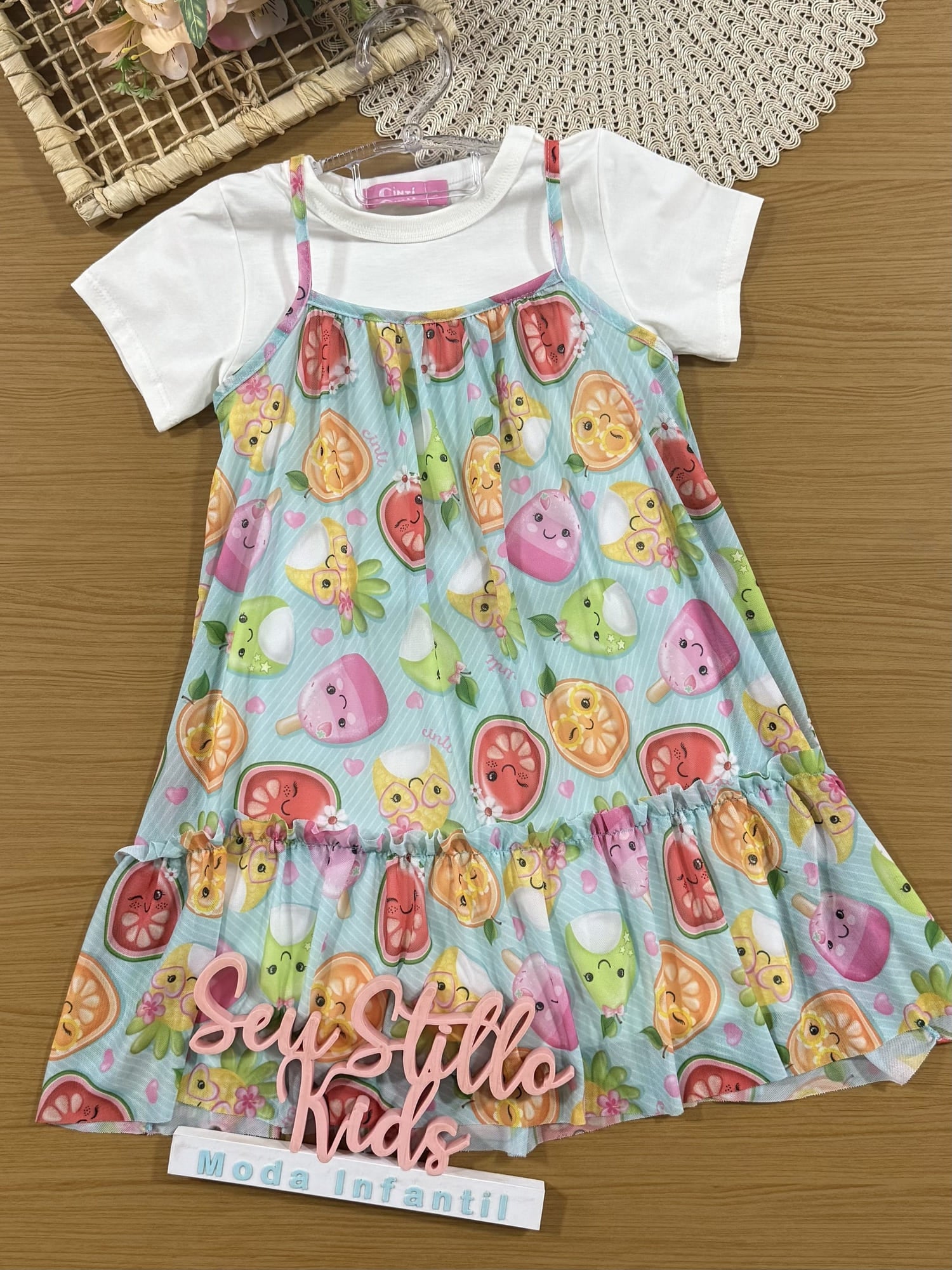 Vestido Infantil Cinti Verão com Pulseira e Sobreposição Azul Frutinhas