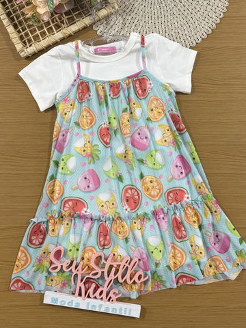 Vestido Infantil Cinti Verão com Pulseira e Sobreposição Azul Frutinhas