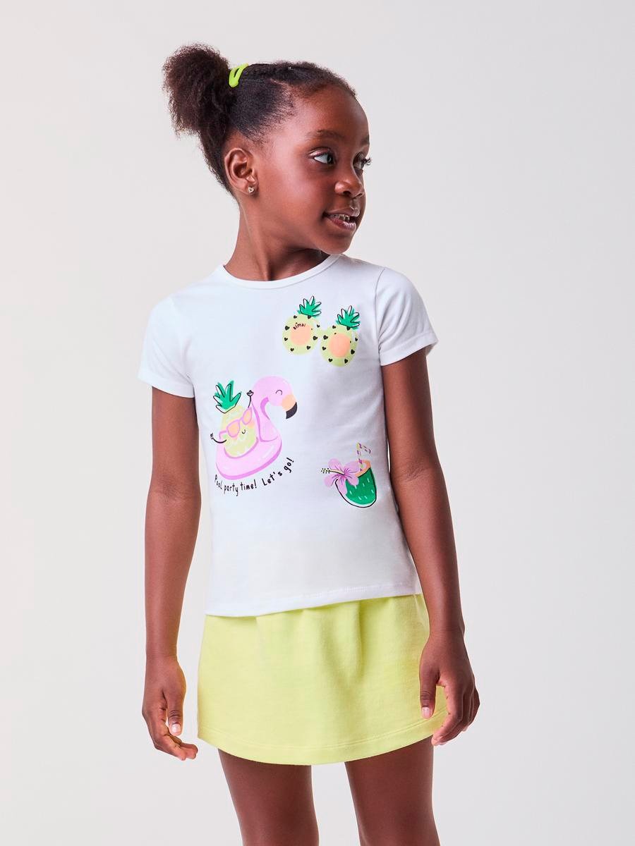 Conjunto Infantil Bimbi Verão com Shorts Saia Verde e Blusa Branca Praia