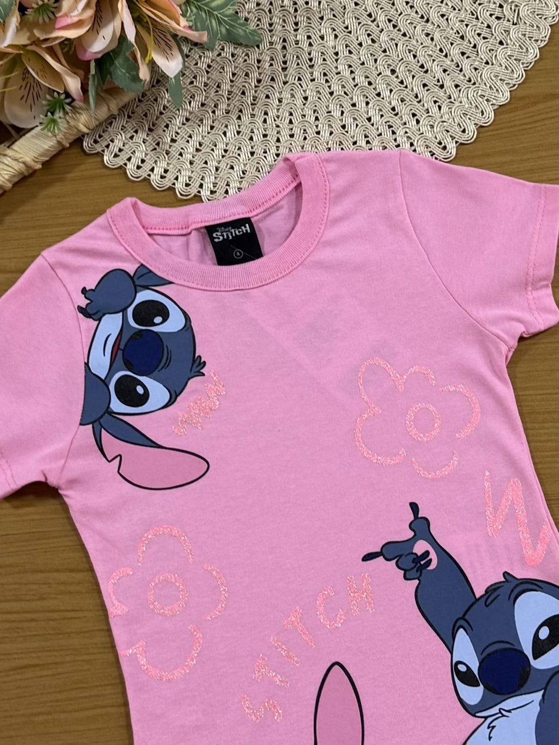 Blusa Infantil Stitch Florzinha Rosa Brandili Disney