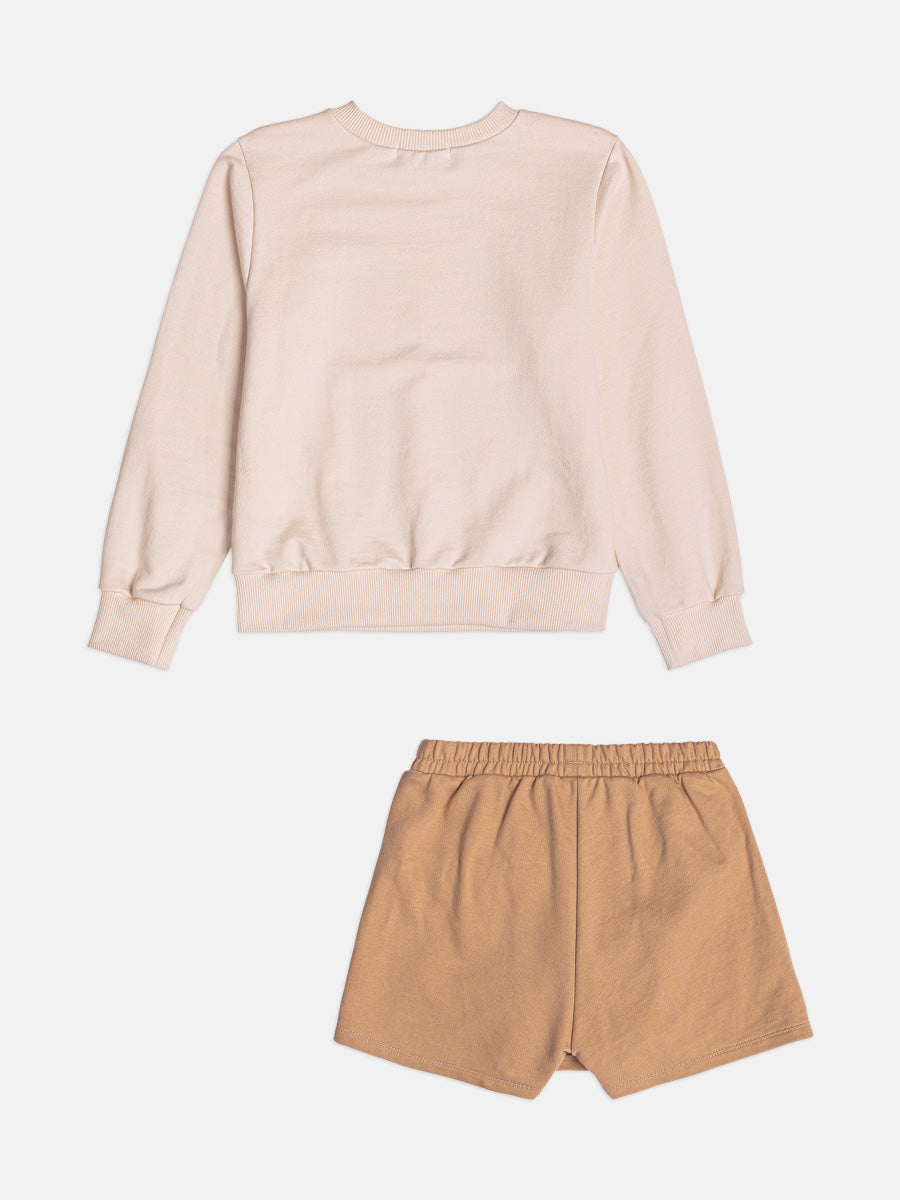 Conjunto Infantil Bimbi Inverno com Shorts Saia e Moletom sem Flanela Bege Bichinhos