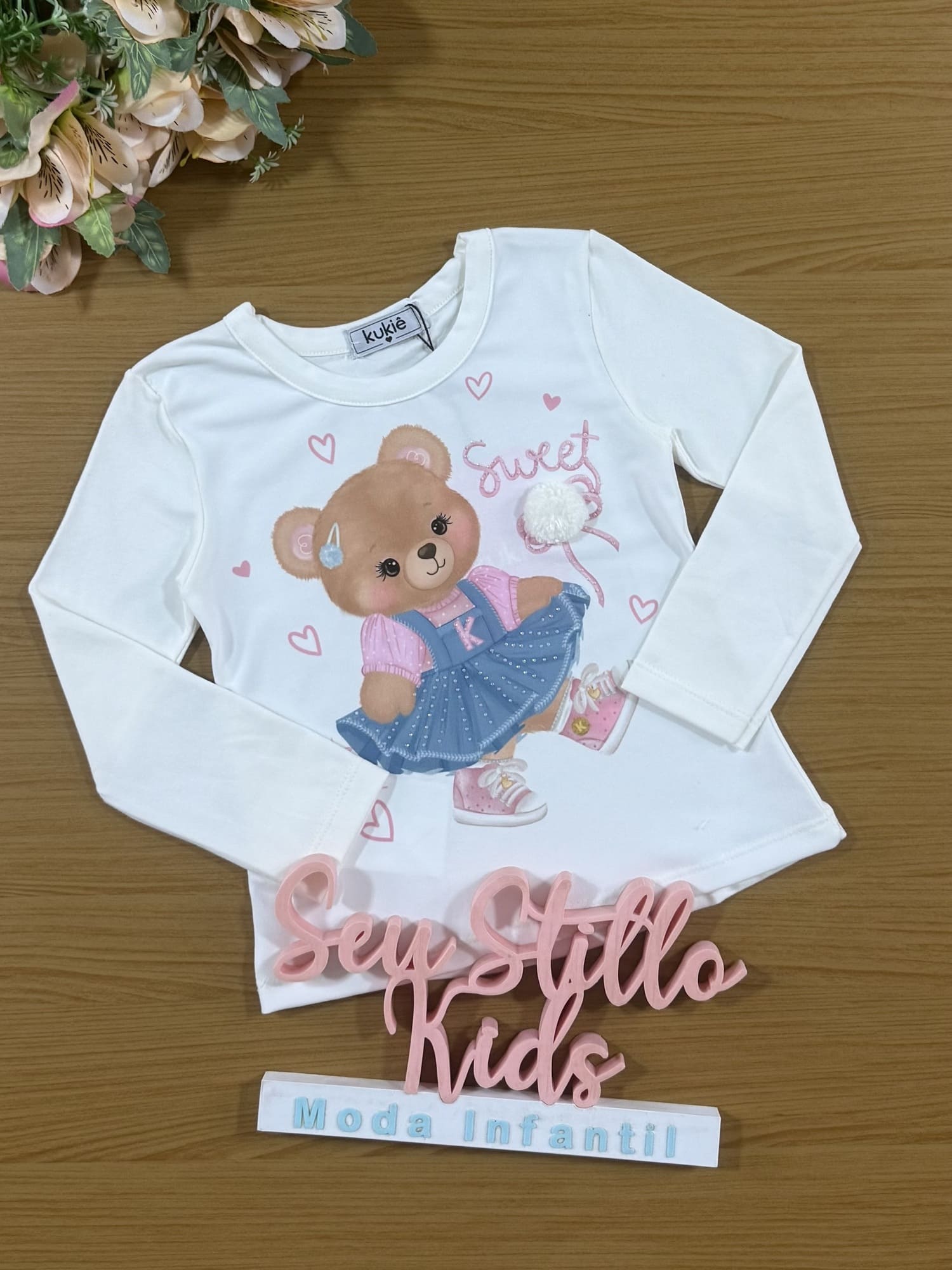 Blusa Infantil Kukie Inverno Manga Longa Branca Ursinha Bailarina