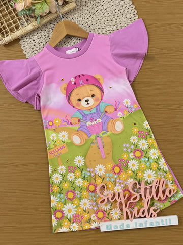 Vestido Infantil Kukie Rosa Ursinha Ciclista