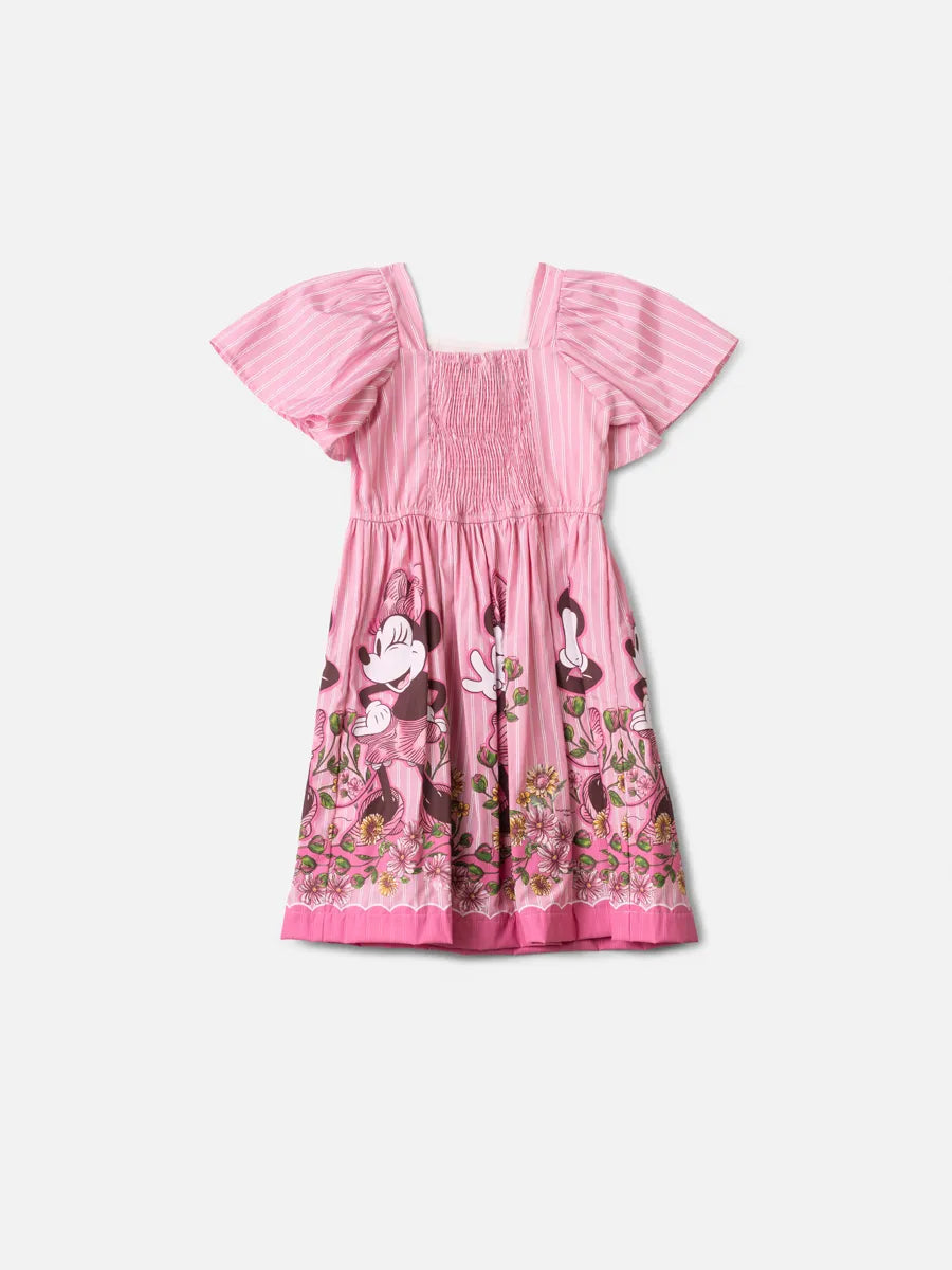 Vestido Infantil Animê Listrado Rosa Minnie Flores Disney