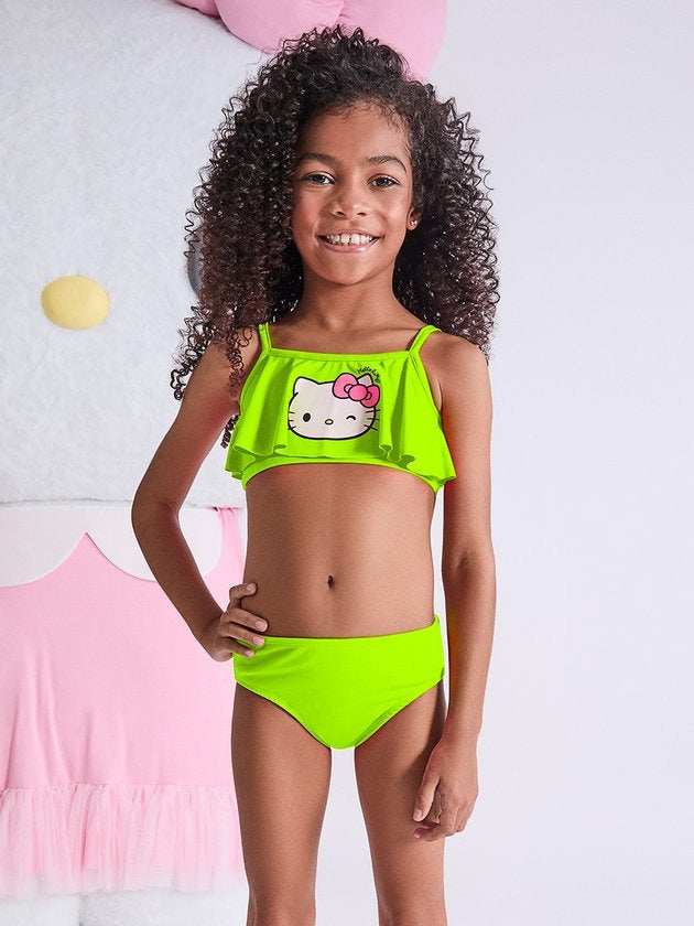Biquíni Infantil Momi Amarelo Neon com Babado Hello Kitty