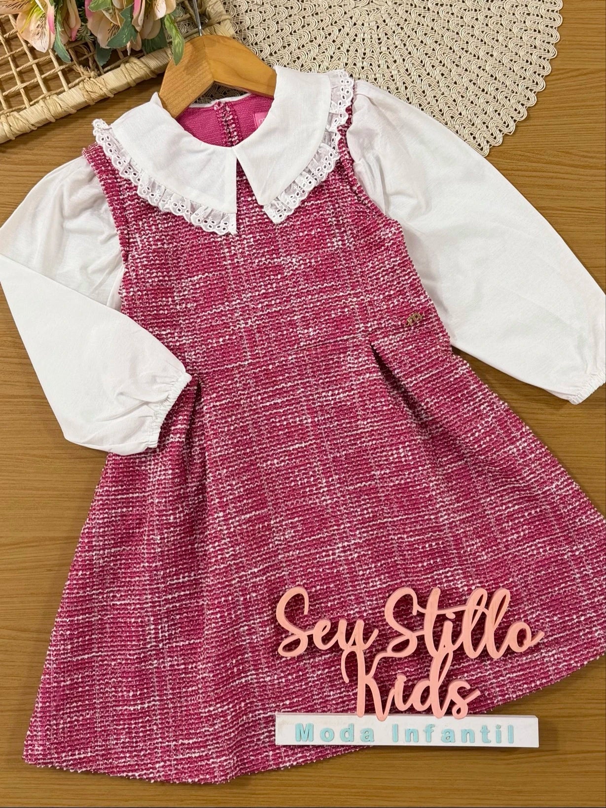 Vestido Infantil Momi Inverno Vermelho Tweed com Gola
