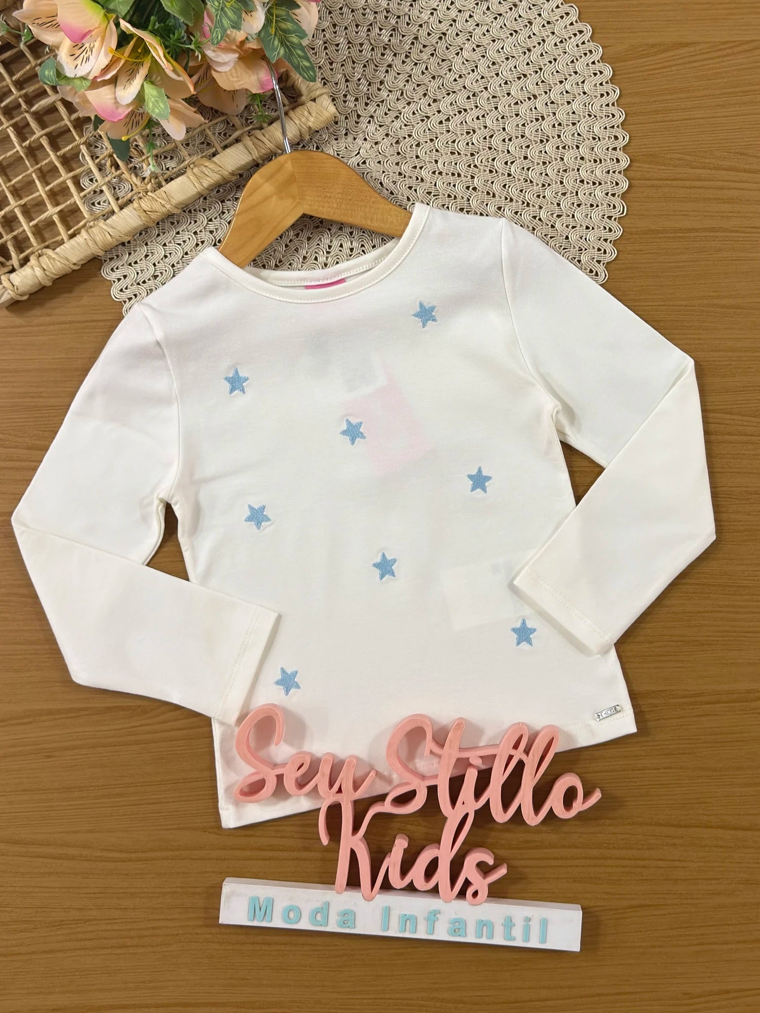Blusa Infantil Cinti Inverno Manga Longa Branca Estrelinhas Azul