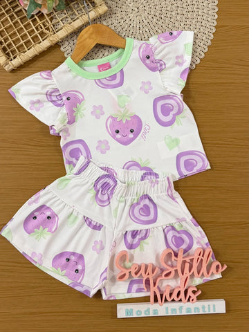 Conjunto Infantil Cinti Inverno com Shorts e Blusa Manga Curta Branca Moranguinho