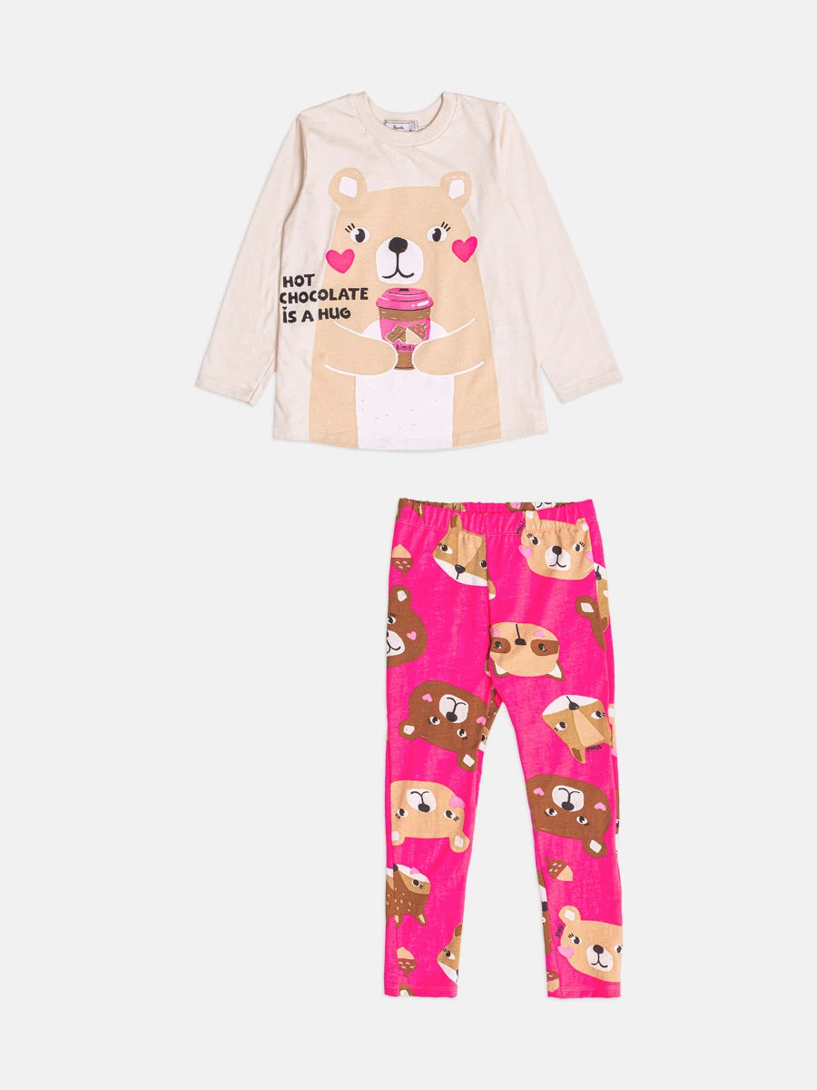 Conjunto Infantil Bimbi Inveno com Calça Legging Rosa e Blusa Manga Longa Ursinho