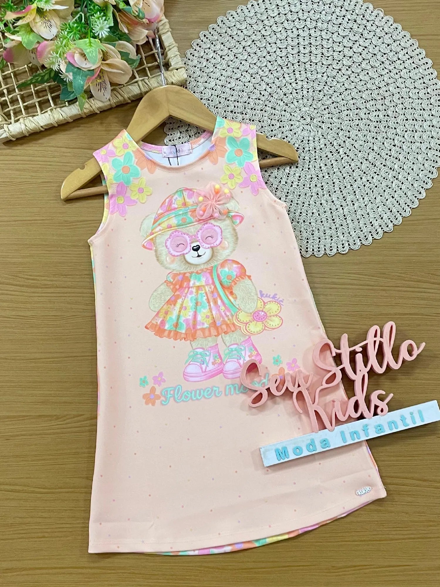 Vestido Infantil Kukiê Laranja Claro Ursinha Florista