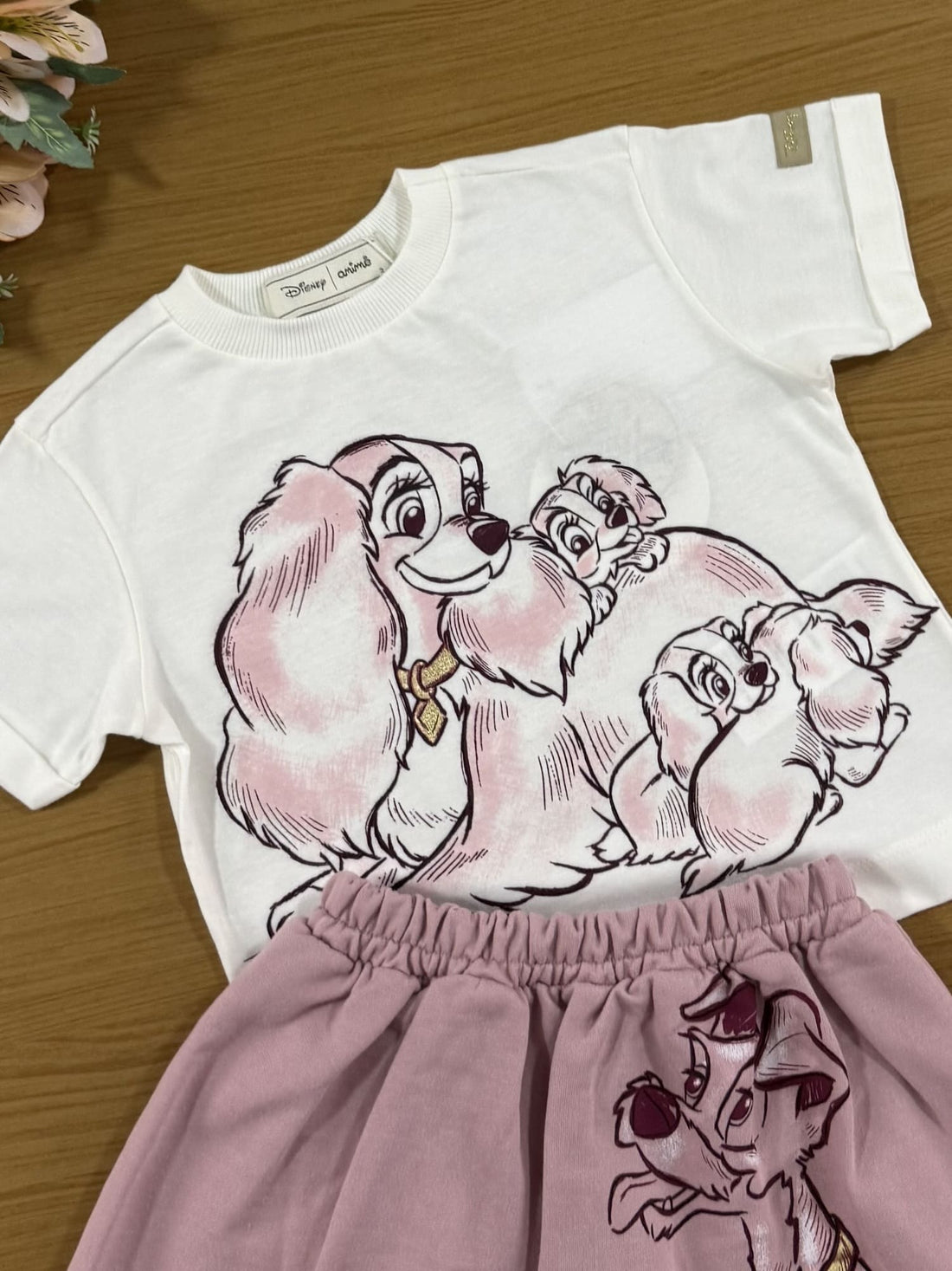 Conjunto Infantil Animê Inverno com Saia Rosa e Blusa A Dama e o Vagabundo Disney