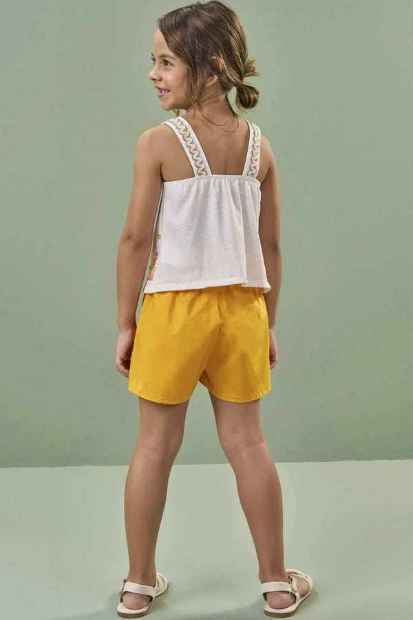 Conjunto Infantil Kukiê Verão com Shorts Laranja e Blusa Off White Bichinhos Passeio