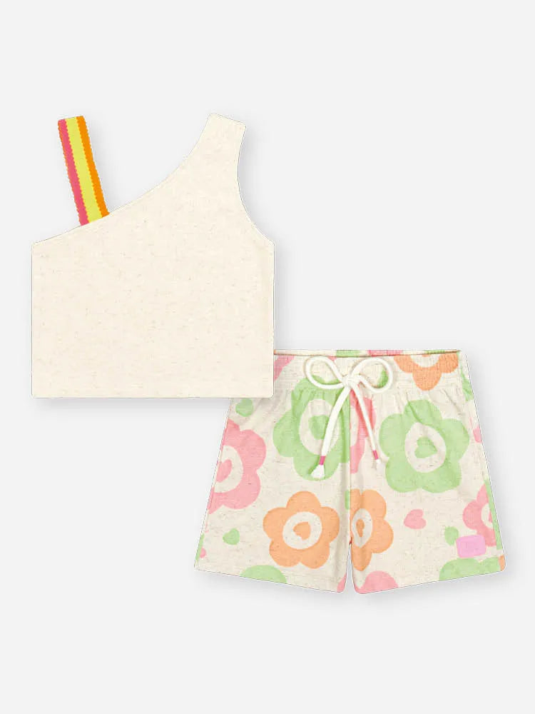 Conjunto Infantil Cinti Inverno Com Shorts e Cropped Bege Flores