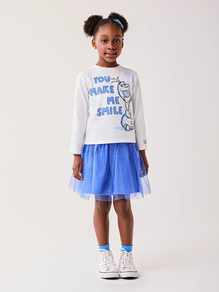 Conjunto Infantil Bimbi Inverno com Saia Azul em Tule e Blusa Manga Longa Olaf Strass Disney