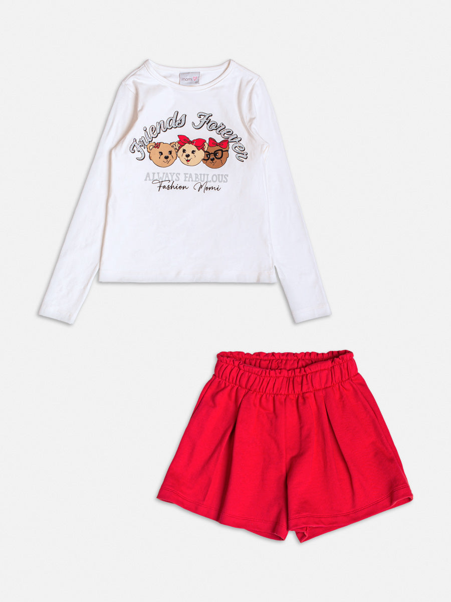 Conjunto Infantil Momi Inverno Shorts Vermelho e Blusa Manga Longa Ursinhas