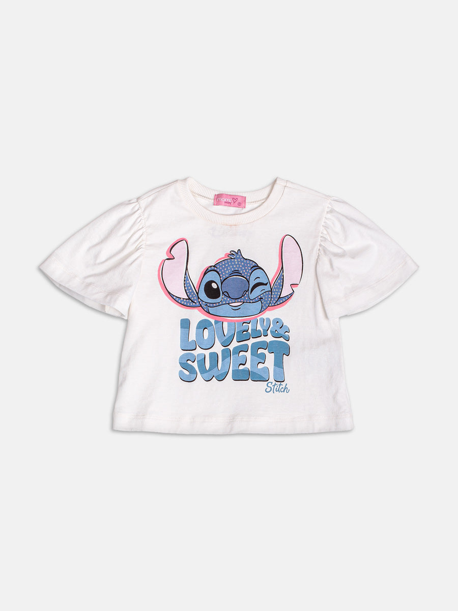 Conjunto Infantil Momi Verão com Shorst Azul e Blusa Branca Lovely Stitch