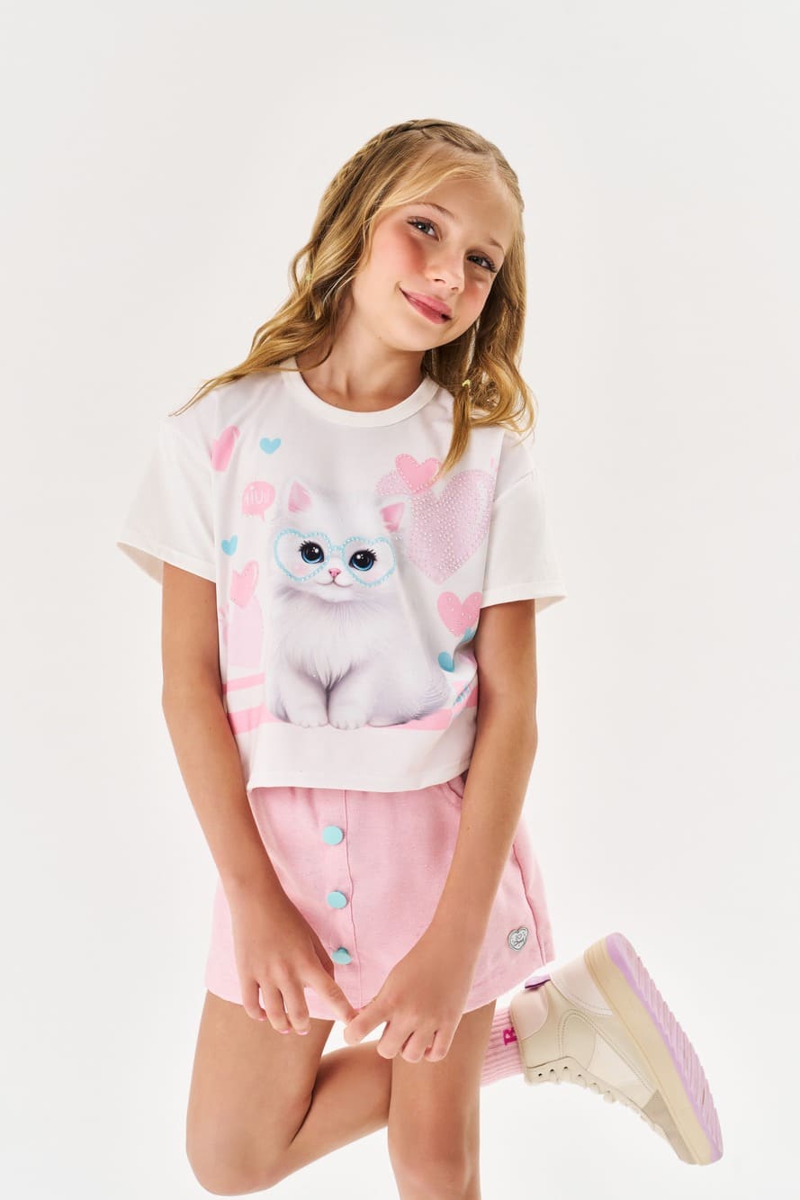 Conjunto Infantil Cinti Verão Shorts Saia Rosa e Blusa Gatinha