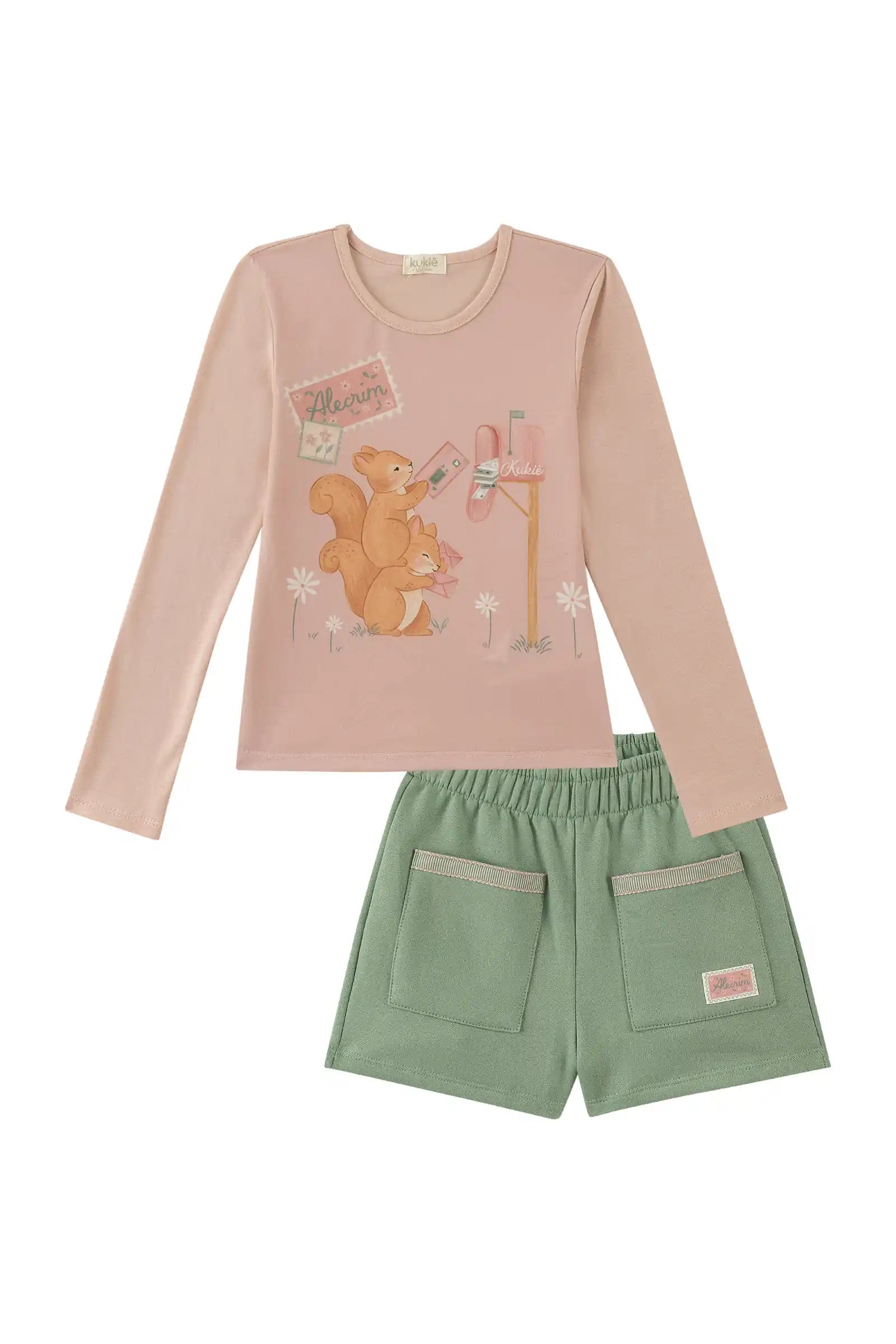 Conjunto Infantil Kukiê Inverno com Shorts Verde e Blusa Manga Longa Esquilinhos