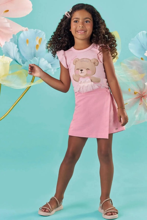Conjunto Infantil Kukiê Verão com Shorts Saia e Blusa Rosa Ursinha Bailarina