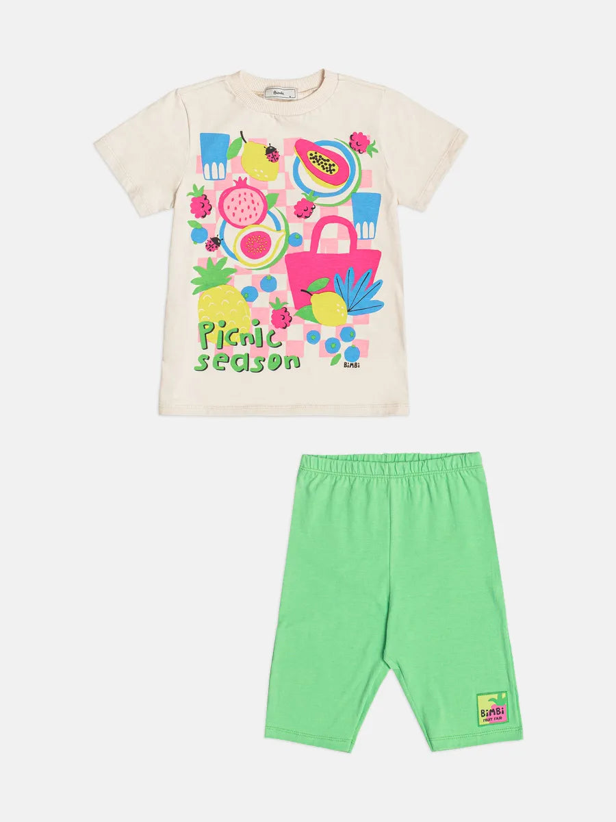 Conjunto Infantil Menina Bimbi Shorts Ciclista Verde e Blusa Bege Picnic