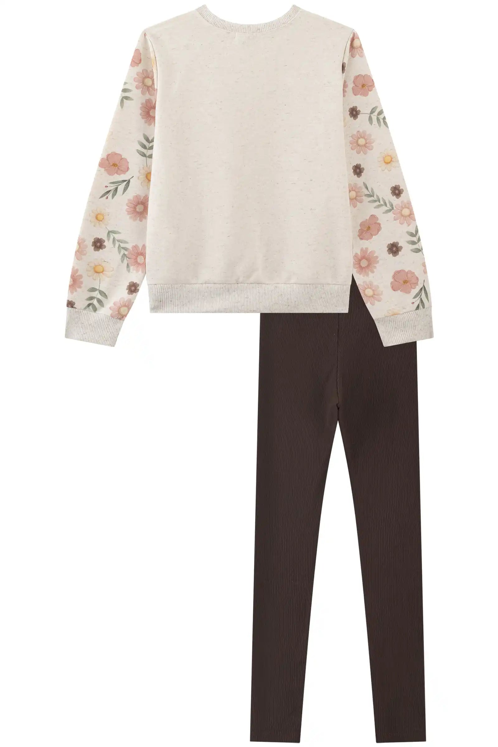 Conjunto Infantil Kukiê Inverno com Calça Legging Marrom e Moletom sem Flanela Gatinha Floral