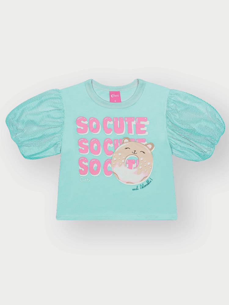 Conjunto Infantil Cinti Verão com Shorts e Blusa Azul com Manga em Tela Cute