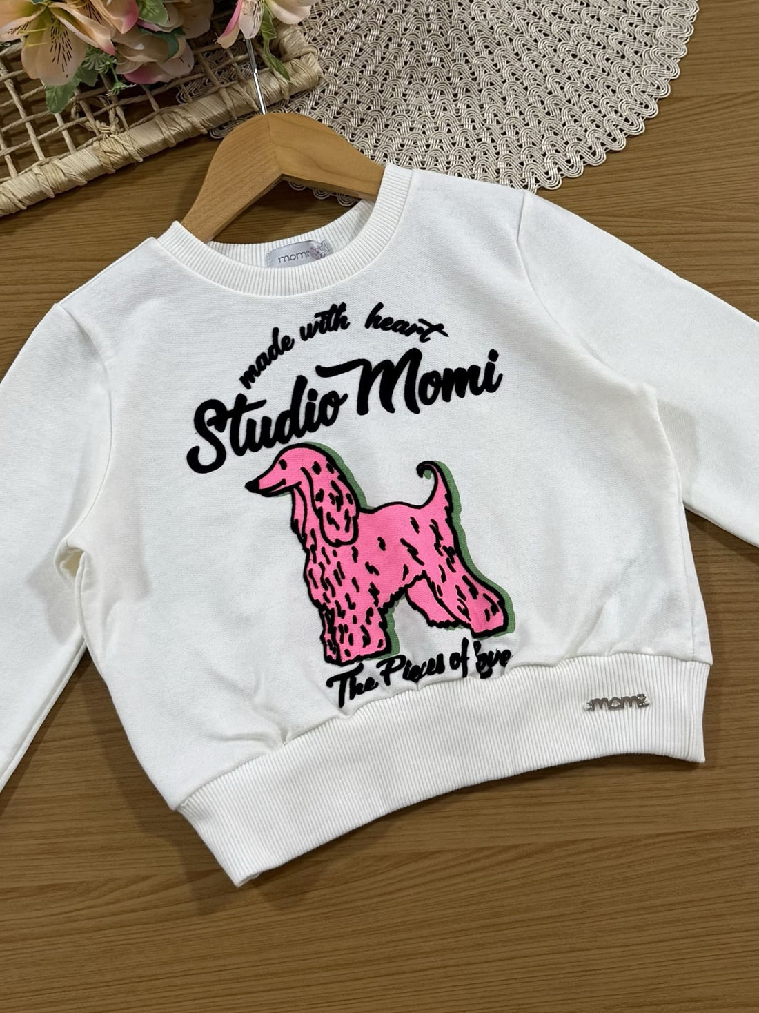 Conjunto Infantil Momi Inverno com Shorts Saia Verde e Moletom sem Flanela Branco Cachorrinha