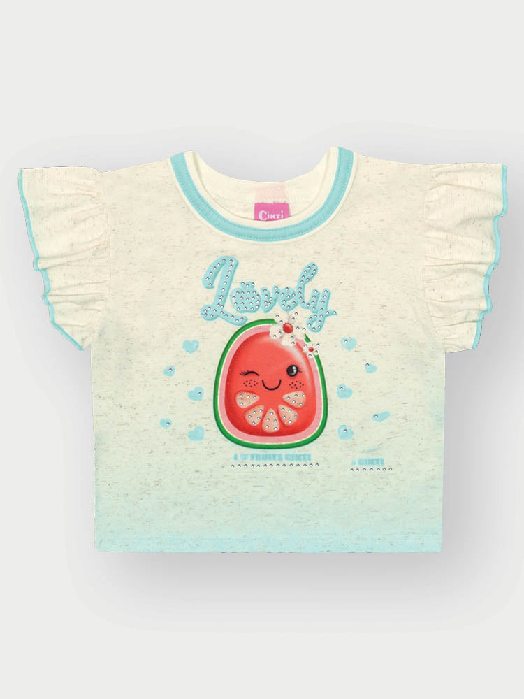 Conjunto Infantil Cinti Verão com Shorts Saia Azul e Blusa Off White Melancia